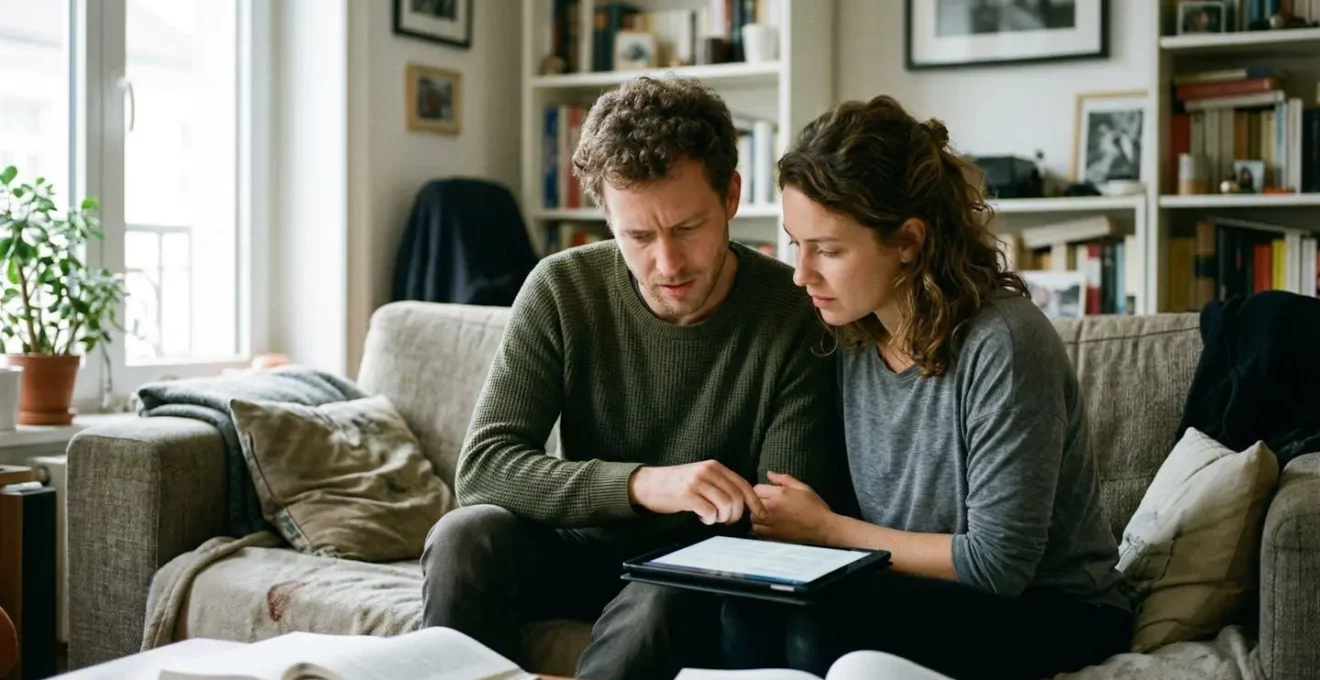Un couple trentenaire assis sur leur canapé regarde ensemble une tablette avec une expression concentrée et légèrement souriante