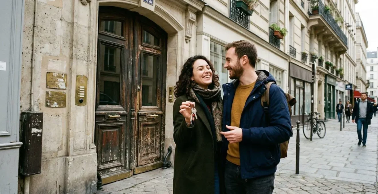 Un couple debout devant une porte d'immeuble tient des clés en main avec des expressions authentiques de joie contenue dans une scène de rue urbaine