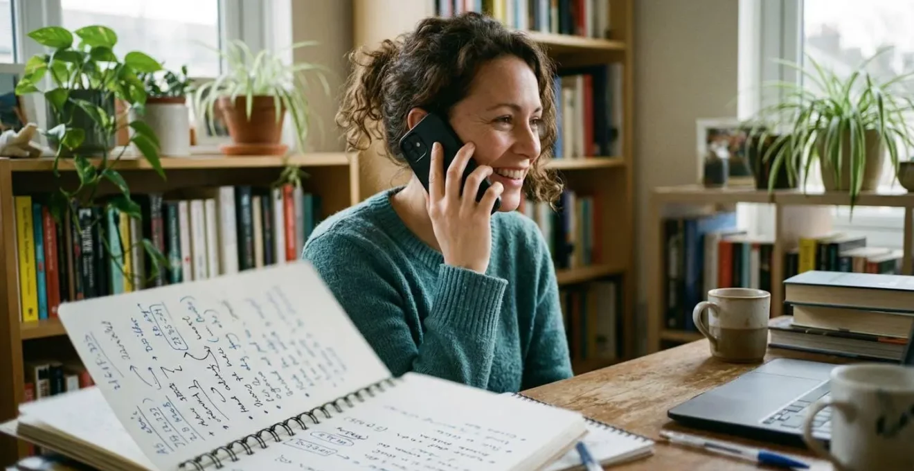 Une personne souriante parle au téléphone dans un espace de travail à domicile avec un cahier ouvert et des notes manuscrites visibles au premier plan