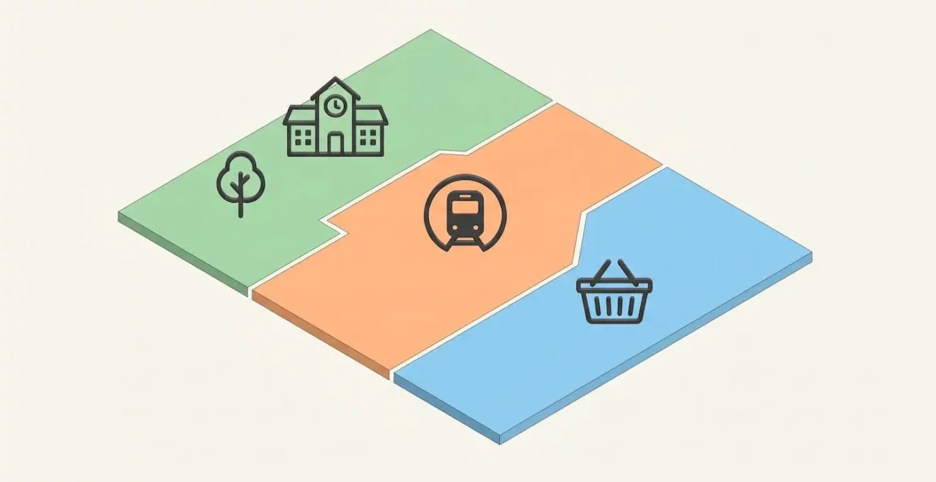Carte schématique en vue isométrique de Meaux montrant trois quartiers colorés distincts (centre, résidentiel, en hauteur) et l'emplacement de la gare.