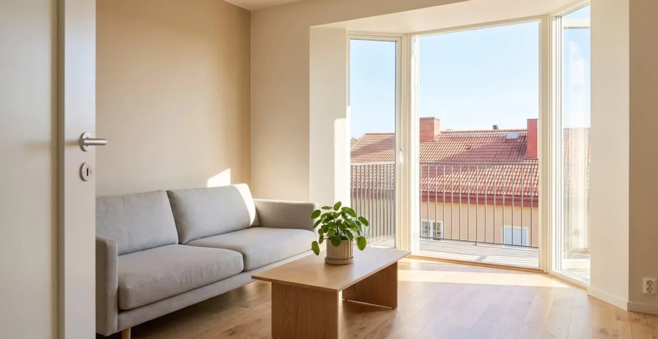 Intérieur lumineux d'un F2 moderne avec salon épuré, parquet en bois blond, canapé gris et grande baie vitrée ouvrant sur un balcon avec vue dégagée.