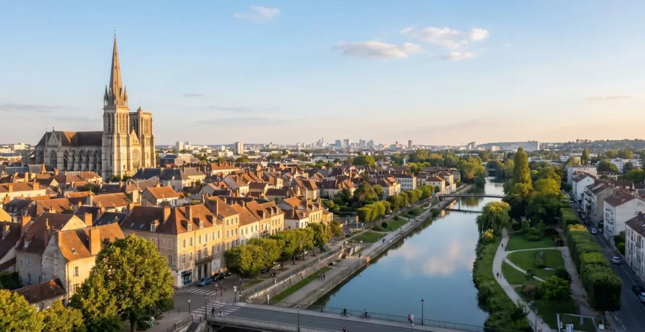 Vue aérienne panoramique de Meaux en fin d'après-midi avec la cathédrale Saint-Étienne, la vallée de la Marne et des promeneurs sur les quais.