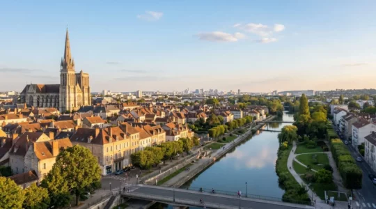 Vue aérienne panoramique de Meaux en fin d'après-midi avec la cathédrale Saint-Étienne, la vallée de la Marne et des promeneurs sur les quais.